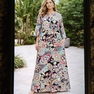 Natori Peizuri Floral 3/4 Sleeve Caftan Whimsical Maxi Boho Vacation Sz Xl